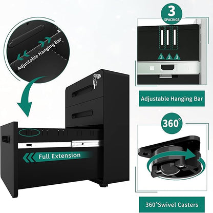 YITAHOME 3-Drawer Metal Mobile File Cabinet, Rolling Filing Cabinet with Lock, Filing Cabinet Under Desk fits Legal/A4 Size for Home/Office, Fully Assembled,Black