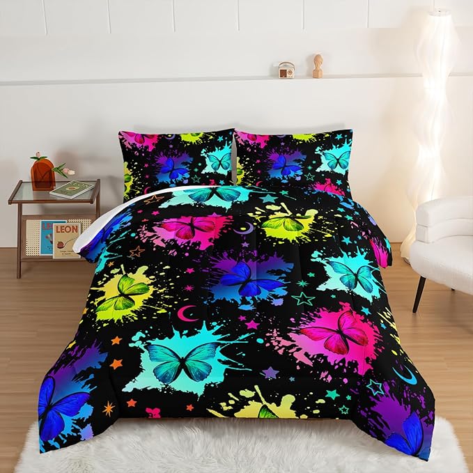 HOSIMA Colorful Butterfly Comforter Set for College Girls and Boys Full Size Bed in a Bag Set,3Pcs Bedding Set Colorful Ink Print Comforter with 2 Pillowcases,Star Moon Black Comforter.