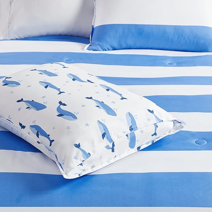 Mizone Kids Blake Reversible Dolphin Comforter Set - Adventure Animal Adorable Print with Stripe Reverse, Fun Bedroom Décor, Modern All Season Kids Bedding, Matching Sham, Full/Queen, Blue 3 Piece