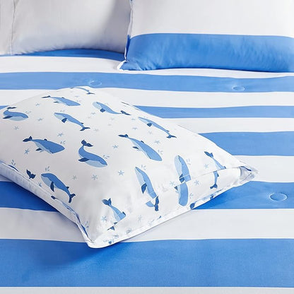 Mizone Kids Blake Reversible Dolphin Comforter Set - Adventure Animal Adorable Print with Stripe Reverse, Fun Bedroom Décor, Modern All Season Kids Bedding, Matching Sham, Blue 2 Piece, Full/Queen