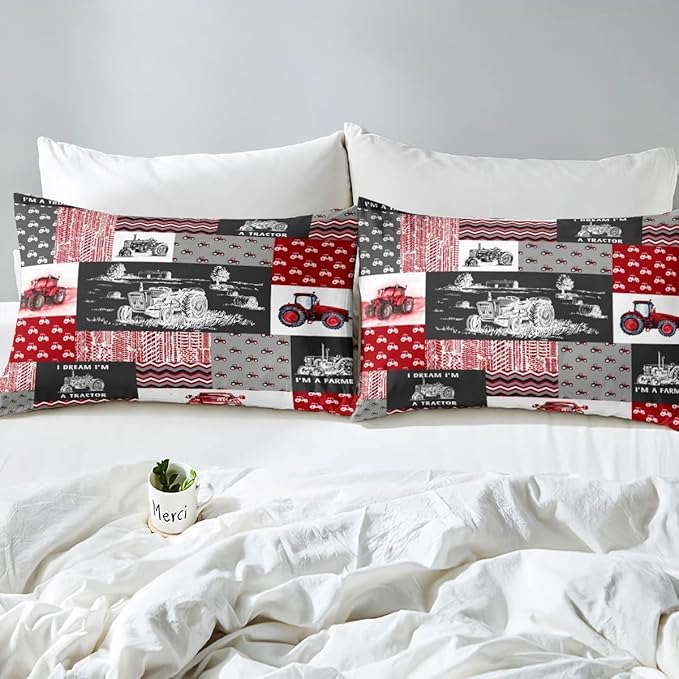 Erosebridal Red Tractor Bedding Set for Boys King,Construction Tractor Comforter Set Kids Teens Equipment Trucks Down Comforter Black White Construction Vehicle Quilt Set Bedroom Decor