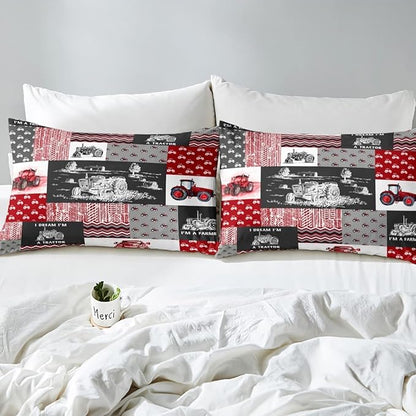 Erosebridal Red Tractor Bedding Set for Boys King,Construction Tractor Comforter Set Kids Teens Equipment Trucks Down Comforter Black White Construction Vehicle Quilt Set Bedroom Decor