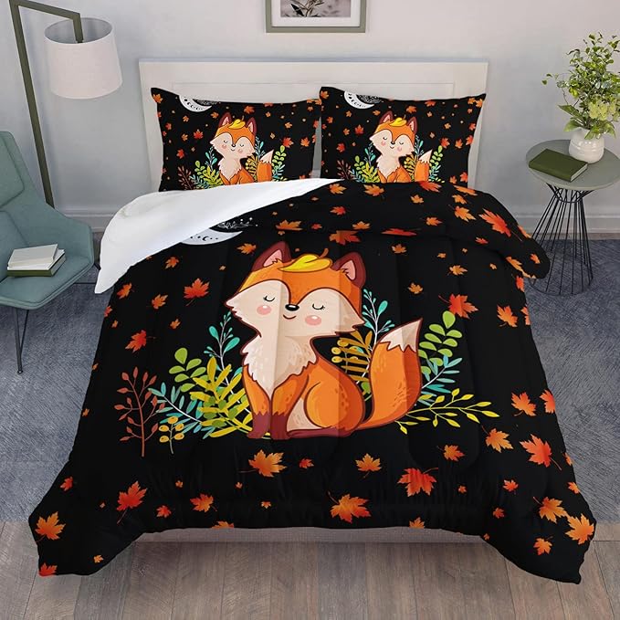 Cartoon Fox Comforter Set 3-Pieces Cute Fox Bedding Set Moon Plants Leaves Printed Quilt Set for Kids Boys Girls with 2 Pillowcases Full
