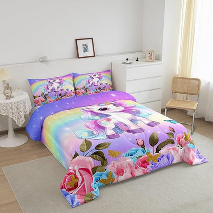 Cute Unicorn Kids Comforter Set King Size,Rainbow Starry Sky Roses Dreamy Bedding Set,Girls Women Room Decor,Cartoon Animals Flowers Down Comforter,Pink Purple Unique Duvet Insert,2 Pillowcases