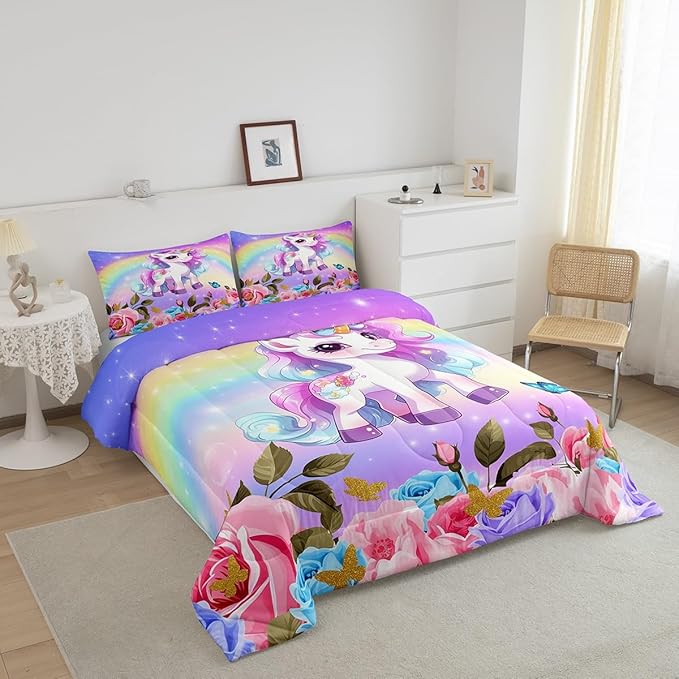 Manfei Cute Unicorn Kids Comforter Set Twin Size,Rainbow Starry Sky Roses Dreamy Bedding Set,Girls Women Room Decor,Cartoon Animals Flowers Down Comforter,Pink Purple Unique Duvet Insert,1 Pillowcase
