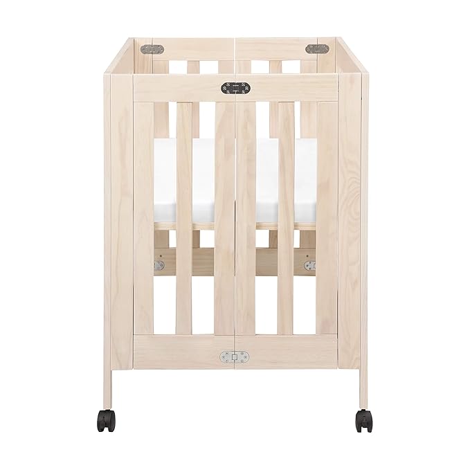 Babyletto Origami Mini Portable Crib Folding with Wheels in Washed Natural, 2 Adjustable Mattress Positions, Greenguard Gold Certified