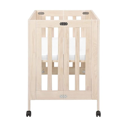 Babyletto Origami Mini Portable Crib Folding with Wheels in Washed Natural, 2 Adjustable Mattress Positions, Greenguard Gold Certified
