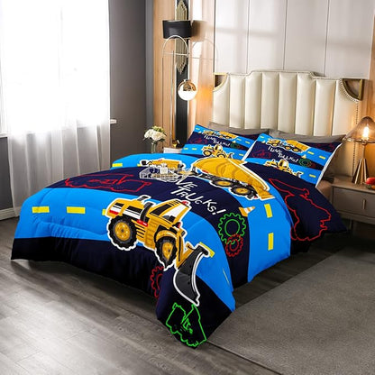 Truck Comforter Set Boys Queen Bedding Sets Kids Excavator Equipment Truck Duvet Set Construction Vehicle Quilt Set Cartoon Machinery Truck Gear Comforter Set Bulldozer Tractor Cars Bedding,Colorful