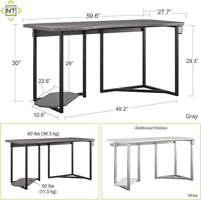 Quest Gaming Desk with CPU Stand, White