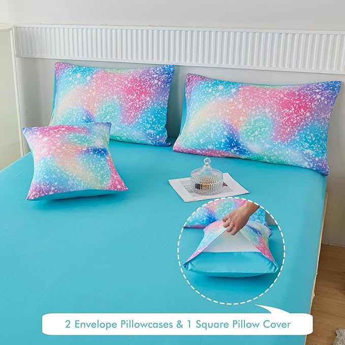 PERFEMET Full Size Comforter Sets for Kids Girls 6 Pieces Pink Green Ombre Rainbow Bedding Set Colorful Tie Dye Glitter Teen Girls Bed in A Bag