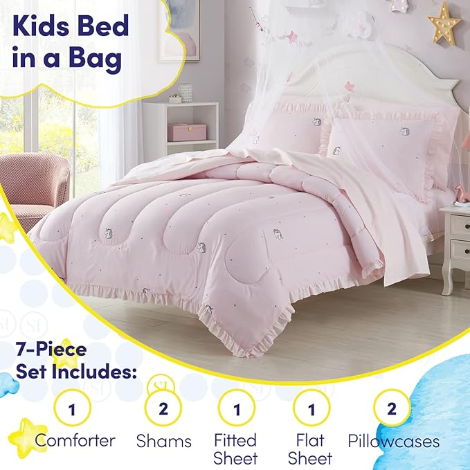 Kids Bedding Set Bed in a Bag for Boys and Girls Toddlers Printed Sheet Set and Comforter, Full, Rainbow Unicorn (Pack of 4)