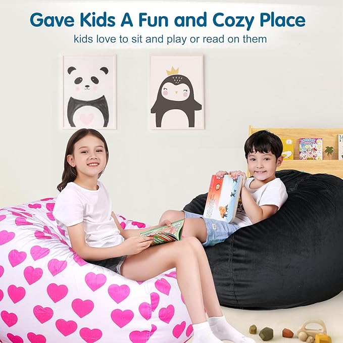 Lukeight Stuffed Animal Storage Bean Bag Chair Cover for Kids, Zipper Beanbag Chair Cover for Organizing Toddler & Kids' Rooms Plush Toys (Black, XX-Large)