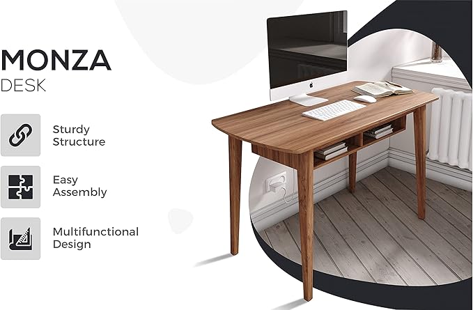 Modern Design By Crafts & comfort Monza Computer Desk, Mid Century Desk with Recessed Drawers, Writing Desk for Small Area - Walnut/Walnut