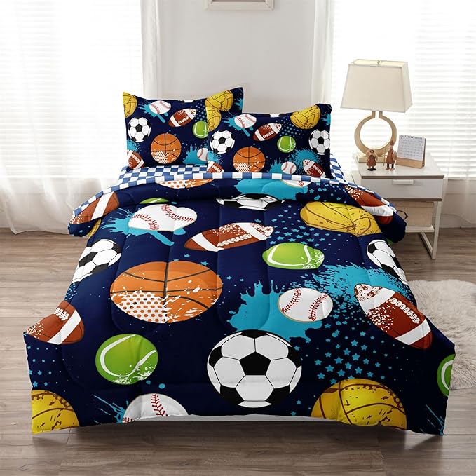 Kids Boys Comforter Set Full Bed in a Bag w/Sheet Sets, Blue Full Bedding Sets for Teens Soccer Basketball Baseball Football Sports Themed Bedroom Decor Reversible Design