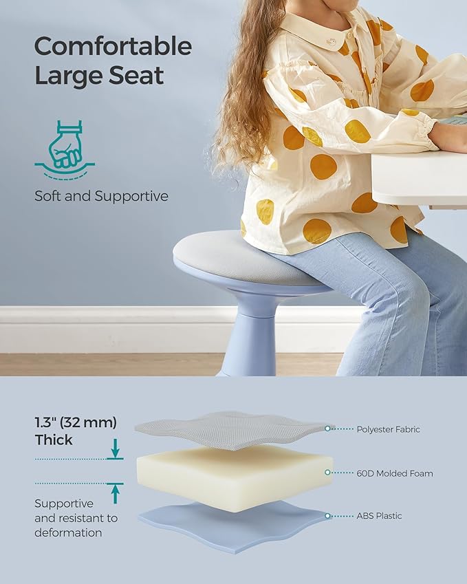 SONGMICS Kids Wobble Chair, Wiggle Stool for Kids Ages 5-8, Comfortable 60D Foam Seat, Breathable Fabric, Anti-Slip Base, 14.2-Inch High, Tool-Free Assembly, Pale Blue and Dove Gray UOSC009Q01
