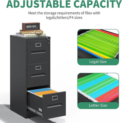 3 Drawer File Cabinet,Metal Filing Cabinets with Lock,Black Vertical File Cabinet for Home Office,Heavy Duty Metal Storage Cabinet for A4/Letter/Legal Size File,Assembly Required