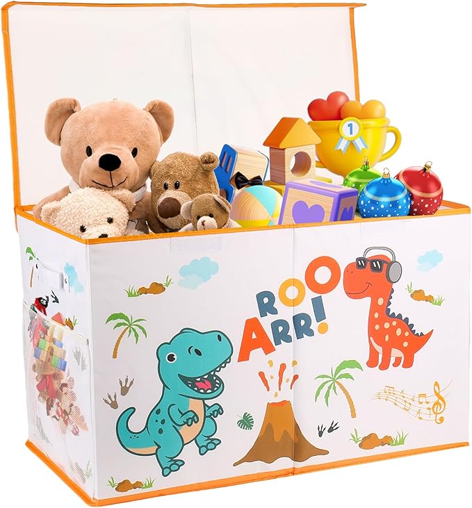 Large Toy Box Chest, Collapsible Sturdy Toy Storage Organizer for Kids, Boys, Girls, 25"x13"x16" Toy Chest Storage Bins with Lids Toy Bins Baskets Boxes for Living Room, Playroom, Nursery, White