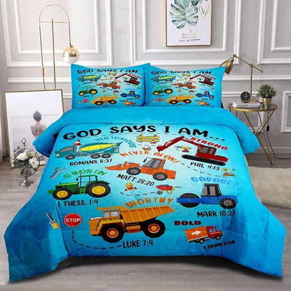 Boys Construction Vehicles Truck Comforter Set Twin,Christian Kids God Says I Am Construction Bedding Set,Car Excavator Tractor Bedroom Set（1 Comforter 2 Pillowcase） Blue