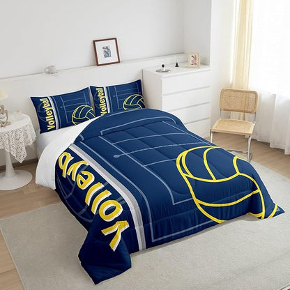 Feelyou Volleyball Bedding Set Queen Size Sports Game Comforter Set for Kids Boys Girls Decor Volleyball Player Comforter Microfiber Blue Yellow Duvet Set Bedroom Quilt Set