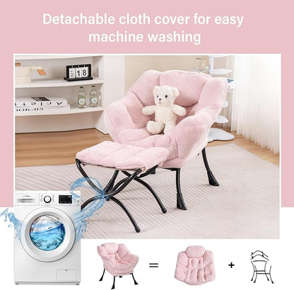 Welnow Toddler Kids Lazy Chair with Ottoman, Accent Comfy Lounge Children Armchair Couch with Armrest and Removable Cover, Detachable Reading Chair with Footrest for Boy or Girl, Plush Pink