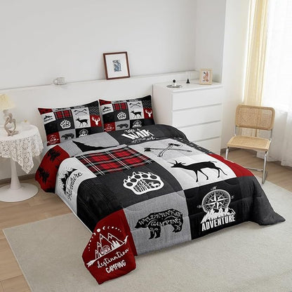 Deer Antler Bear Kids Comforter Set Twin Size,Plaids Boho Arrows Patchwork Bedding Set for Boys Girls Adults Room Decor,Rustic Adventure Camper Down Comforter,Red Xmas Duvet Insert,1 Pillowcase