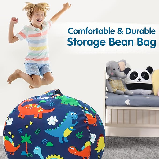 Lukeight Stuffed Animal Storage Bean Bag Chair Cover for Kids, Dinosaur Zipper Beanbag Chair Cover for Organizing Toddler & Kids' Rooms Plush Toys (Dinosaur, X-Large)