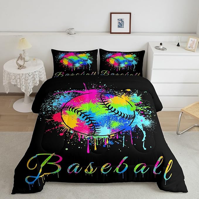 Feelyou Kids Baseball Comforter Set Twin Size Sports Game Bedding Set for Boys Girls Teens Bedroom Decor Baseball Gaming Comforter Women Men Tie Dye Duvet Set with 1 Pillow Case