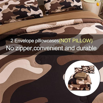 Meeting Story Camouflage Bedding Set, Colorful Pattern Style Comforter Set, 5 PCS One Comforter Two Pillowcases Two Sheets in One Bag, All Season Bedspread for Teens Adults (Coffee, Twin 5Pcs)