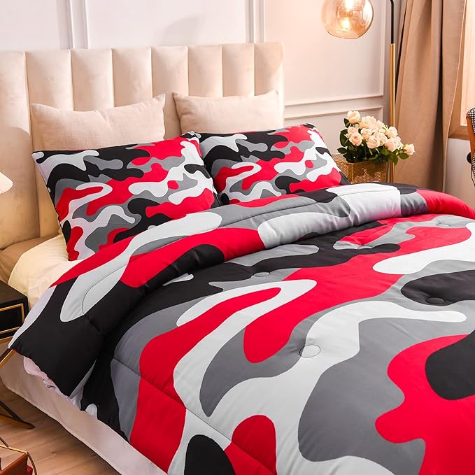 Meeting Story Camouflage Bedding Set, Colorful Pattern Style Queen Comforter Set, 3 PCS One Comforter and Two Pillowcases in One Bag, All Season Bedspread for Kids Teens Adults (Black, Twin)