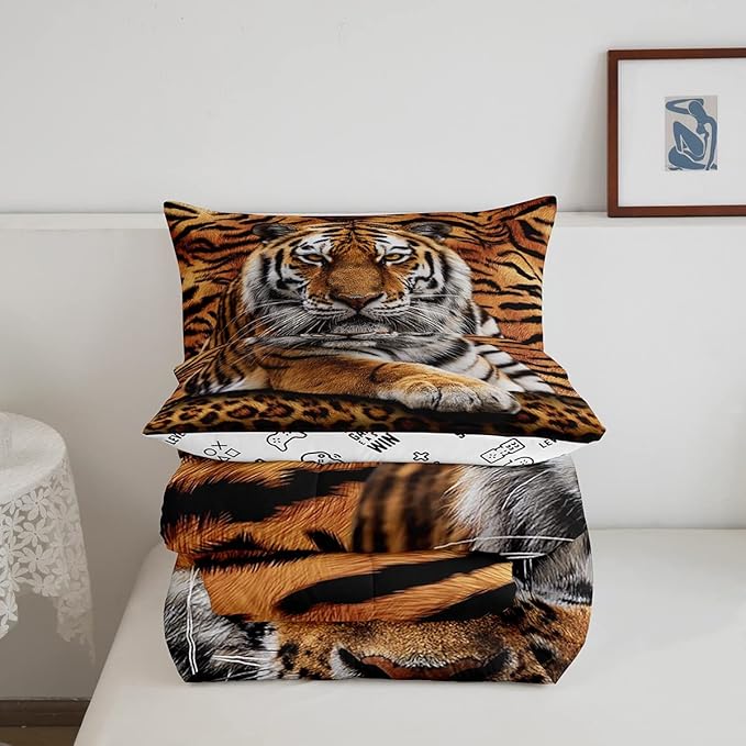 Tiger 3D Print Comforter Set Full Size Wild Animals Bedding Set 3pcs for Kids Teens Room Decor,Animal Fur Quilt Set Soft Breathable Duvet Insert with 2 Pillowcases