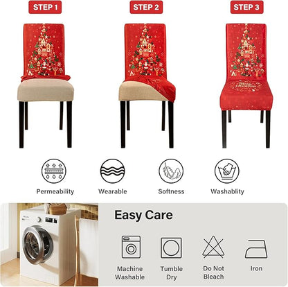 6PCS Christmas Dining Chair Covers, Stretch Removable Washable Dining Room Chair Protector Slipcovers, Xmas Tree Heart Kitchen Chair Cover, Slipcover Protector for Xmas Holiday Party Home Décor