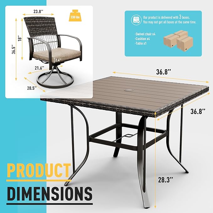 Pamapic 5 Piece Patio Dining Set for 4,Wicker Outdoor Furniture Set for Backyard Garden Deck Poolside with Square Plastic-Wood Table Top,4 Cushions Swivel Rocker Chairs,Removable Cushions(Beige)
