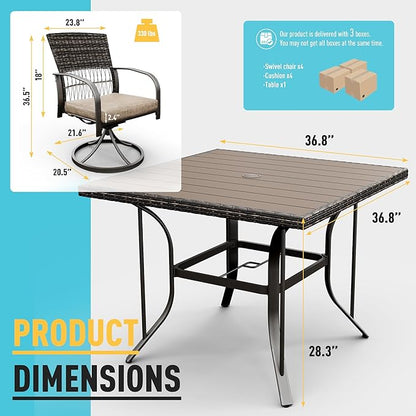 Pamapic 5 Piece Patio Dining Set for 4,Wicker Outdoor Furniture Set for Backyard Garden Deck Poolside with Square Plastic-Wood Table Top,4 Cushions Swivel Rocker Chairs,Removable Cushions(Beige)