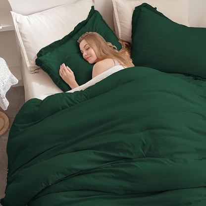 Andency Dark Emerald Green Comforter Set Full, 3 Pieces Boho Lightweight Forest Bedding Comforter Sets, All Season Fluffy Tassel Bed Set (79x90In Comforter & 2 Pillowcases)