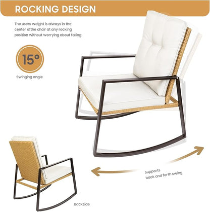 YIYAN 3 Pieces Patio Bistro Set Outdoor Rattan Wicker Rocking Chairs Set,Patio Outdoor Furniture Conversation Sets with Sofa Chairs,Glass Coffee Table and Washable cushion (Light Beige)
