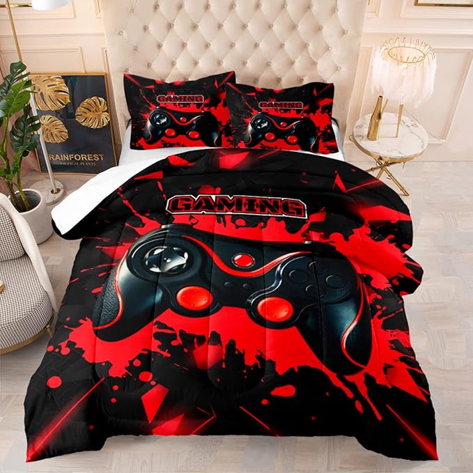 Gamer Comforter Sets for Teen Boys Gaming Bedding Sets Full Set Video Game Bedspread Gamepad Bedding Kids Controller Quilt and Pillowcases