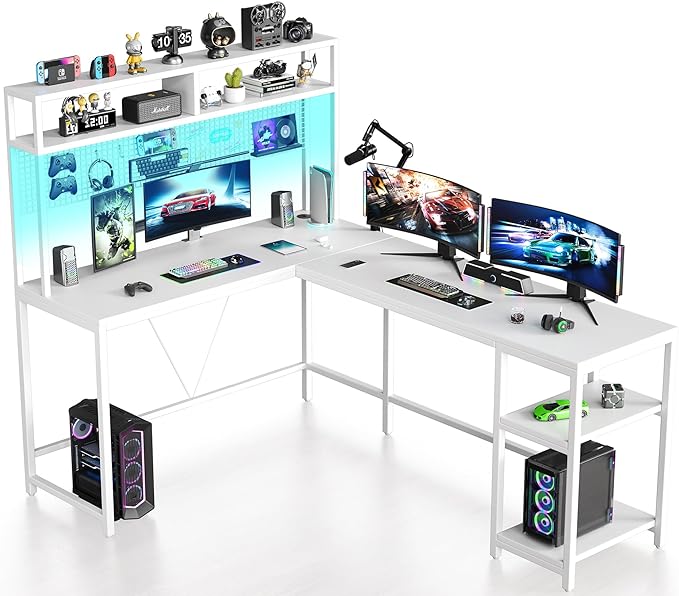 L Shaped Desk with Hutch - 67" L Shaped Gaming Desk with LED Lights, Corner Computer Desk with Storage Shelves, L Shaped Office Desk with Pegboard, White