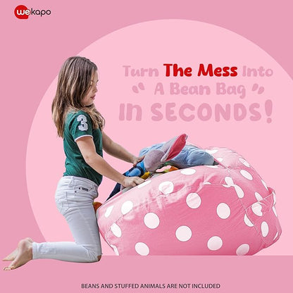 Wekapo Stuffed Animal Storage Bean Bag Chair Cover for Kids | Stuffable Zipper Beanbag for Organizing Children Plush Toys Large Premium Cotton Canvas (Pink Dot, X-Large)