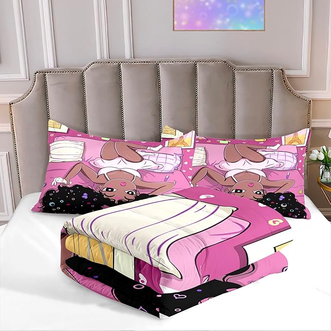 Black Girl Comforter Set African American Girls Full Comforter Set, Black Girl Full Size Girls Bedding Set, Black Girl Full Size Comforter Sets for Teen Adults, Pink, 1 Comforter+2 Pillowcases
