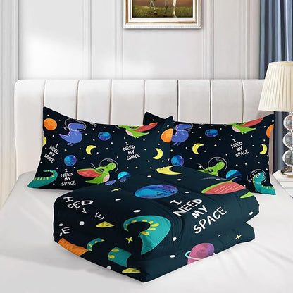 Datura home Dinosaur Space Dinos Comforter Bedding Set for Boys Kids Children,Celestial Bodies Colorful Dinosaur Print Bedding Set with 1 Comforter and 2 Pillowcases(Dinosaur Full)