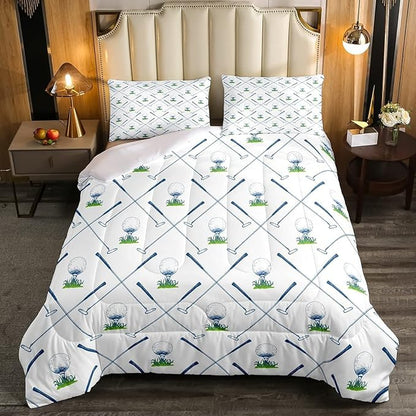 Erosebridal Golf Comforter Set King Size Golf Club Bedding Set Sport Game Athlete Grass Leaf Branches Down Comforter for Men, Room Decorative 3 Pieces Comforter with 2 Pillowcases, White
