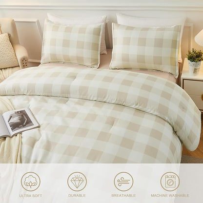Andency Beige Grid Comforter Set Twin Size (66x90 Inch), 2 Pieces(1 Grid Comforter and 1 Pillowcase), Summer Lightweight Microfiber Down Alternative Beige Comforter for Kids Girls