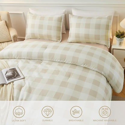 Andency Beige Grid Comforter Set Queen Size (90x90 Inch), 3 Pieces(1 Grid Comforter and 2 Pillowcases), Summer Lightweight Microfiber Down Alternative Beige Comforter
