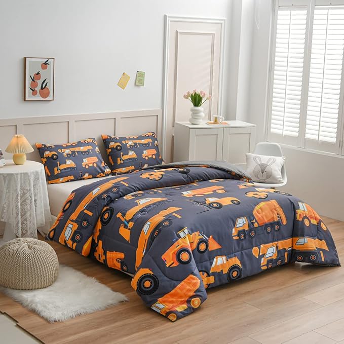 NTBED Construction Truck Comforter Set for Boys Kids Vehicles Excavator Cars Lightweight Microfiber Bedding Sets (Grey,Full)