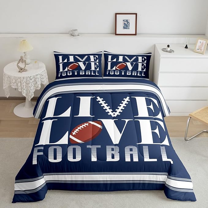 Feelyou Rugby Sports Bedding Set Queen Size Football Comforter Set for Kids Boys Girls Decor Soccer Ball Game Comforter Microfiber American Football Player Duvet Set Bedroom Quilt Set