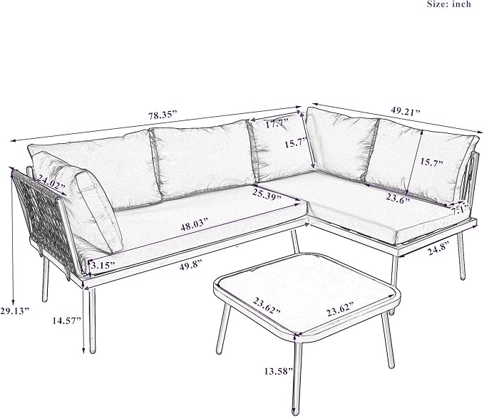 3-Piece Outdoor Patio Furniture PE Rattan Sofa Set, All Weather L-Shaped Sectional Couch with Removable Cushions and Glass Table, for Backyard Poolside Garden, Metal Frame, Onesize, Gray
