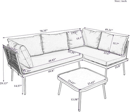 3-Piece Outdoor Patio Furniture PE Rattan Sofa Set, All Weather L-Shaped Sectional Couch with Removable Cushions and Glass Table, for Backyard Poolside Garden, Metal Frame, Onesize, Gray