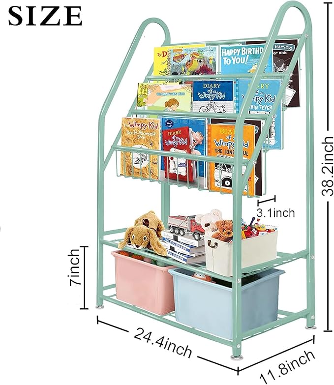 aboxoo Metal Kids Bookshelf Green Bookcase Freestanding for Children Room 24 in Toy Organizer Green Stable Bookcase Bookstore Library Book Unit Storage