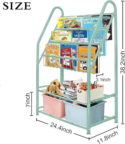 aboxoo Metal Kids Bookshelf Green Bookcase Freestanding for Children Room 24 in Toy Organizer Green Stable Bookcase Bookstore Library Book Unit Storage