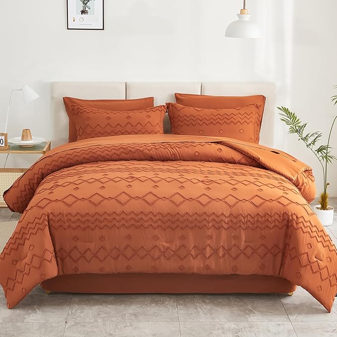 EMME King Comforter Set - 7 Pcs Pumpkin Boho Bedding Sets, King Size Tufted Comforter Set with Sheets, Shabby Chic Embroidery Bed Set Fluffy Bed Bag for All Season(102"X90")